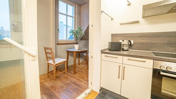 A compact kitchen with wooden flooring, a window, a small table with a plant, and a modern oven.