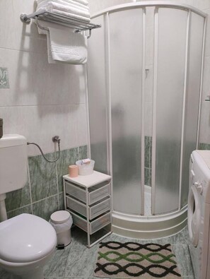 Ein Badezimmer mit Toilette, Waschbecken, Dusche und Waschmaschine.