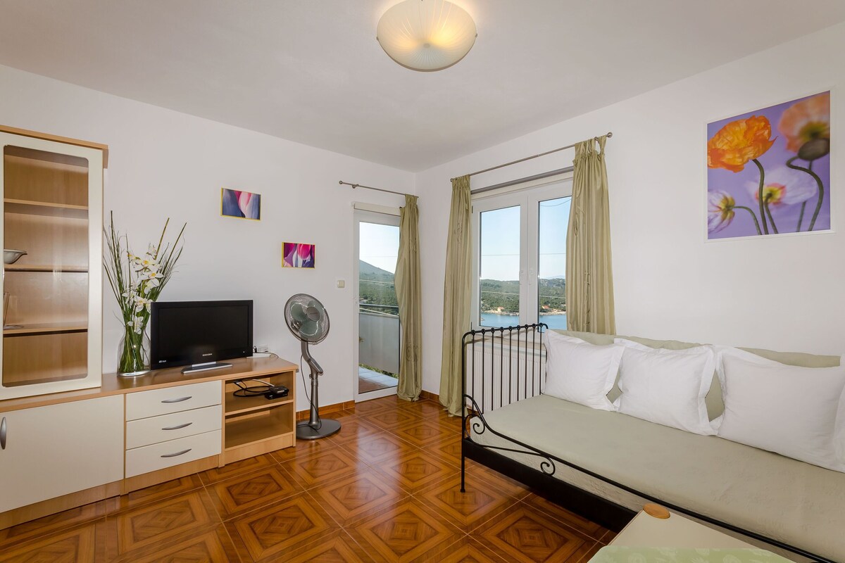 Una habitación con piso de madera, una cama, un televisor, un ventilador, un estante y una ventana con cortinas.