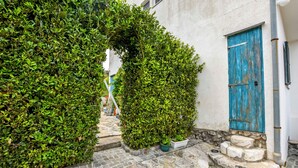 Une ruelle étroite pavée, bordée de buissons verdoyants et flanquée d’un bâtiment rustique avec une porte bleue.