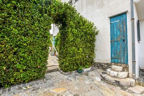 Une ruelle étroite pavée, bordée de buissons verdoyants et flanquée d’un bâtiment rustique avec une porte bleue.