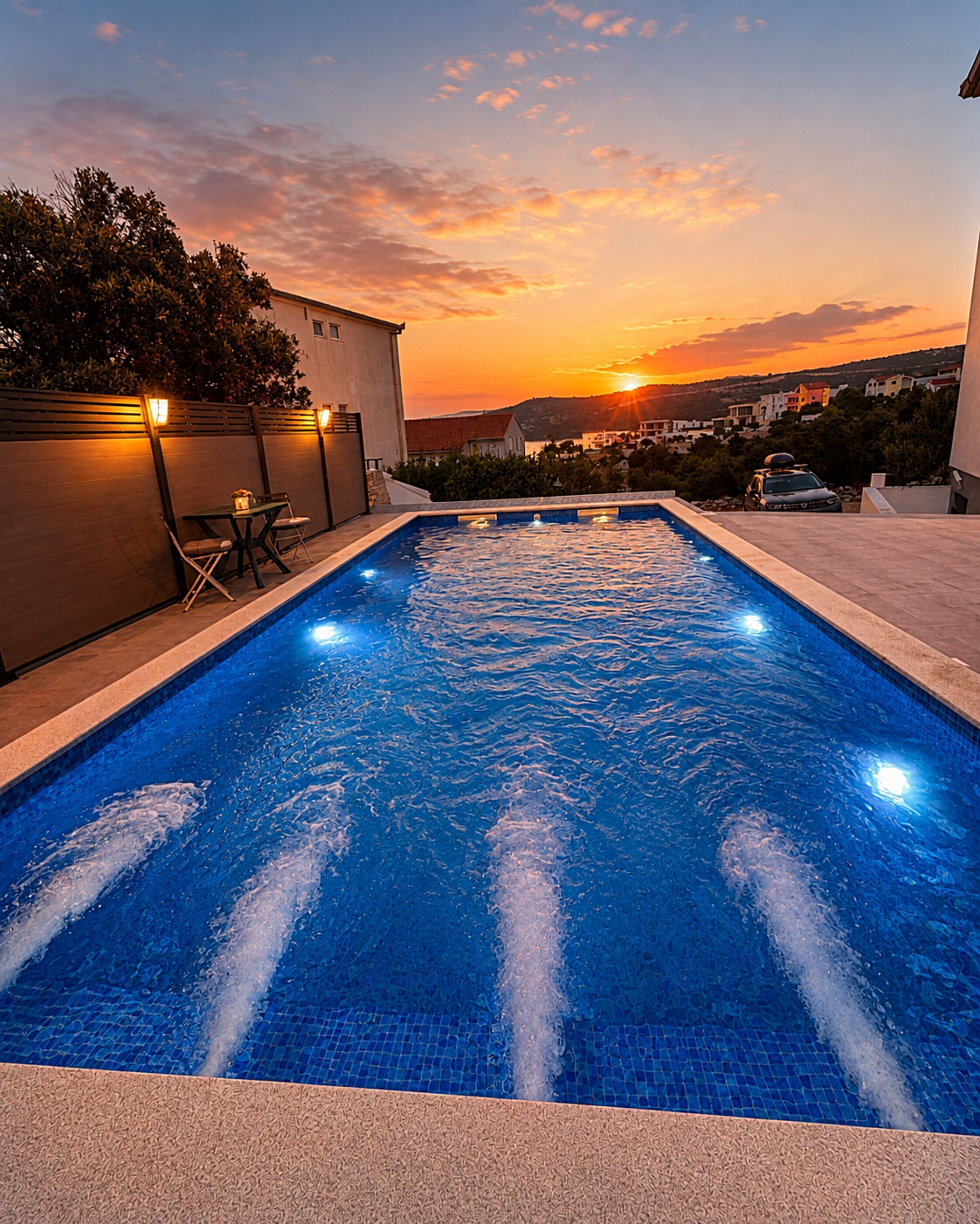 Une piscine avec vue sur le coucher de soleil et un bâtiment en arrière-plan.