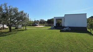 Ein modernes Haus mit einem weitläufigen Rasen, einer Terrasse mit zwei Lounge-Sesseln und einem strahlend blauen Himmel.