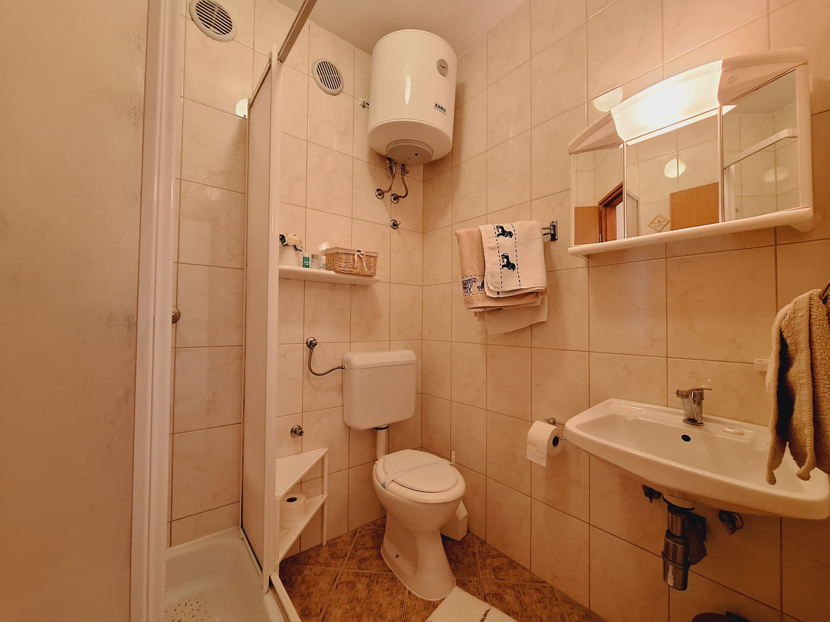 Ein Badezimmer mit Toilette, Waschbecken, Dusche und Handtuchhalter.