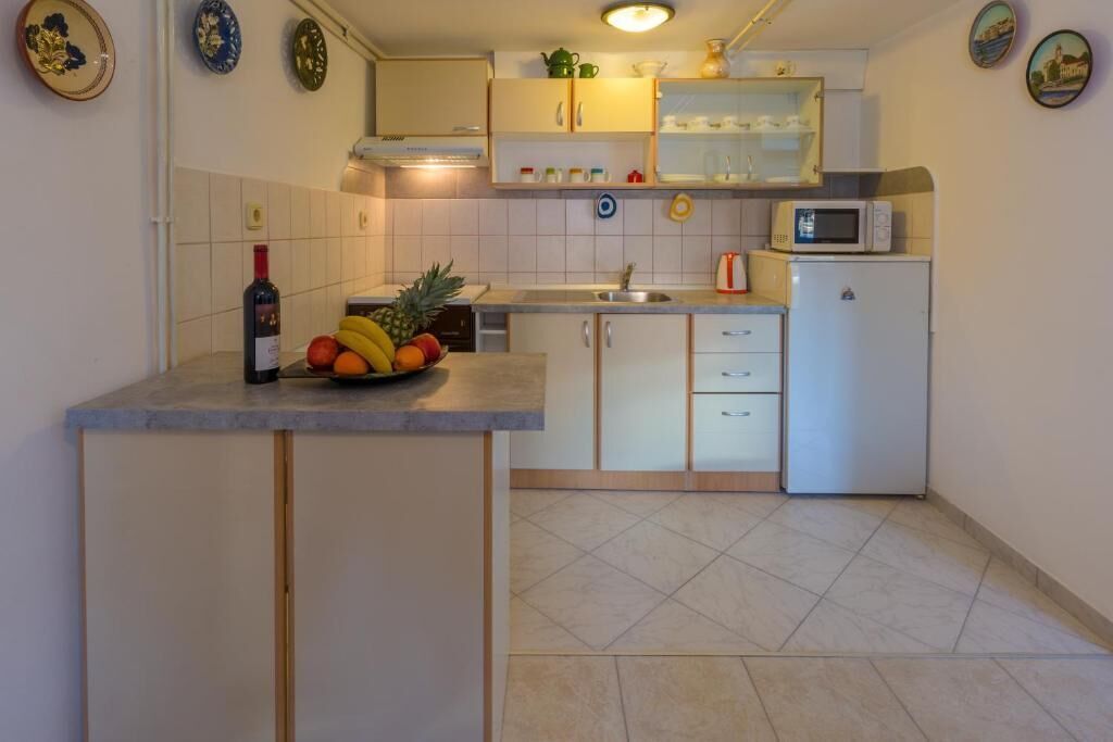 Apartment (A1) | Private kitchen | Fridge, microwave, stovetop, toaster
