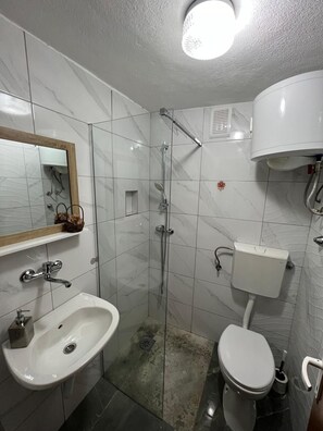 Une salle de bain équipée d’une douche, d’un lavabo, de toilettes et d’un miroir.