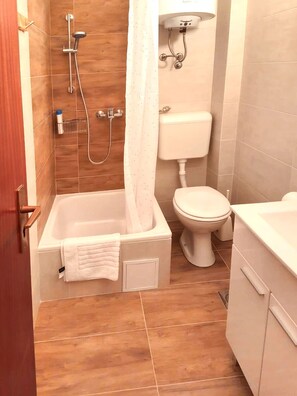 Une salle de bain avec une baignoire, des toilettes et une douche.