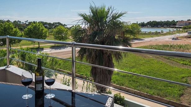 A balcony with a view of a lake, palm trees, and a distant road. - Apartment Terezija by the sea (Privlaka)