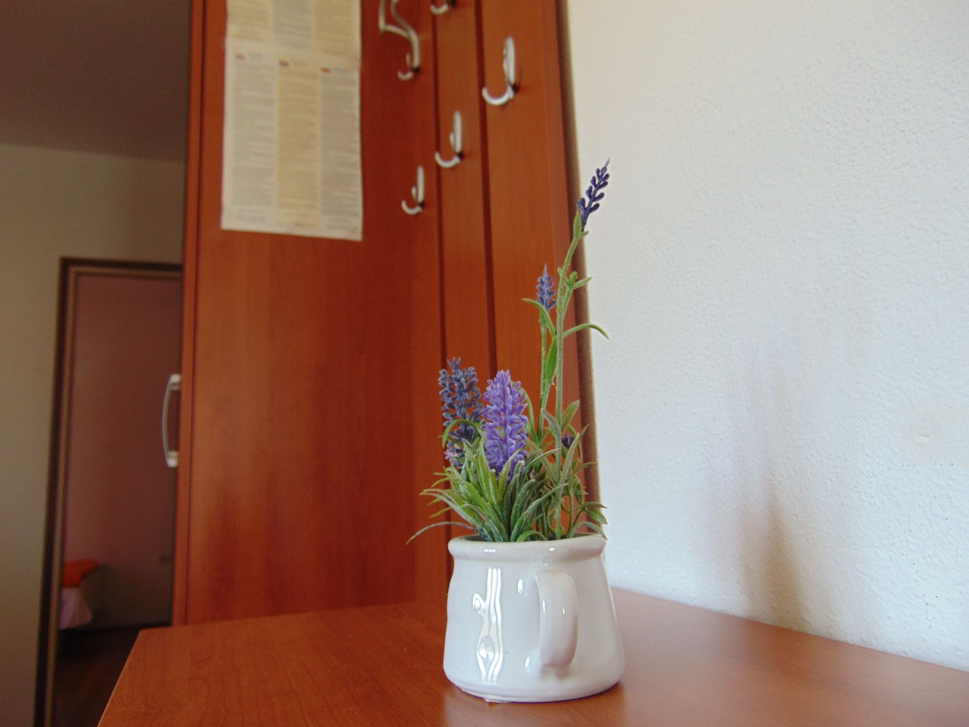 Eine weiße Keramiktasse mit einer Pflanze auf einem Holztisch.