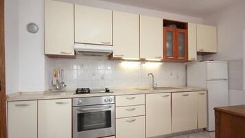 Apartment (A2) | Private kitchen | Fridge, oven, stovetop, cookware/dishes/utensils