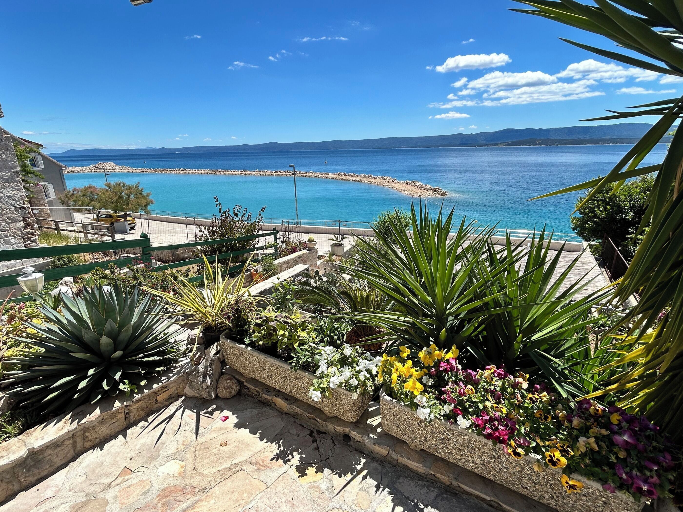 Blick auf die Küste mit einer Steintreppe, die zu einem Balkon mit Blumentöpfen und Blumen führt.