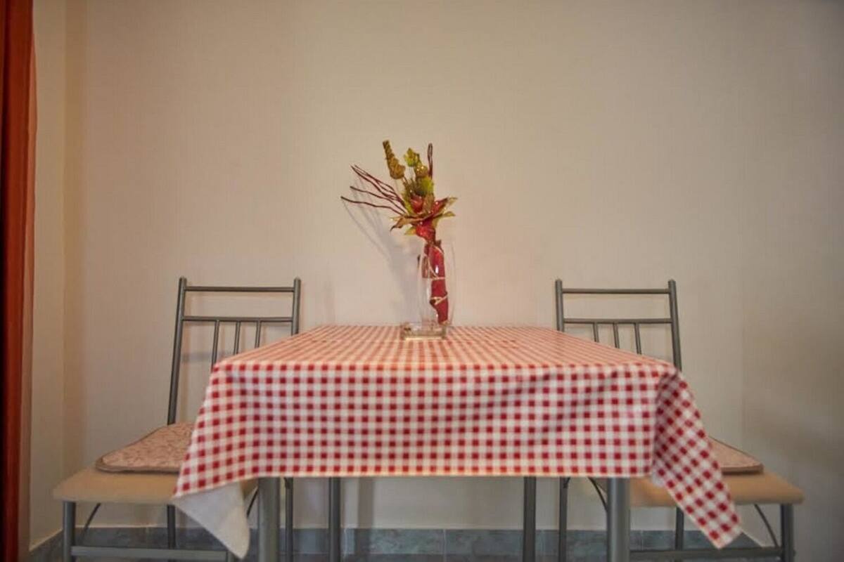 Une table à manger recouverte d’une nappe à carreaux, deux chaises en métal et un vase rempli de fleurs.