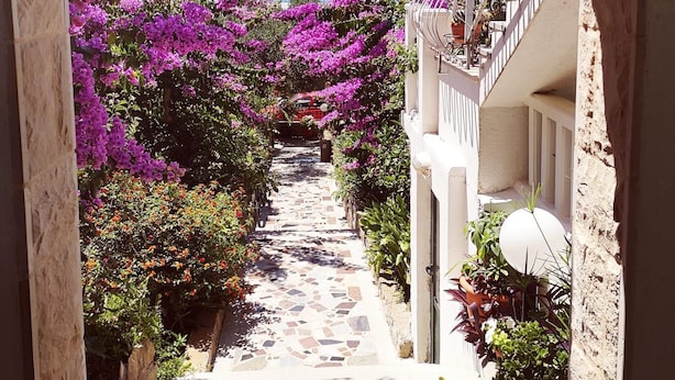 A narrow pathway flanked by vibrant bougainvillea flowers leading to a building with a tiled floor and a white railing. - Apartments Nada (Sucuraj)