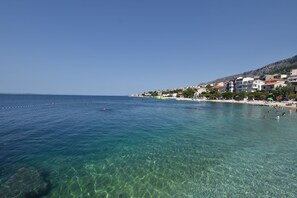 Eine Küstenstadt mit klarem, blauem Wasser, einem Sandstrand und Gebäuden entlang der Uferlinie.