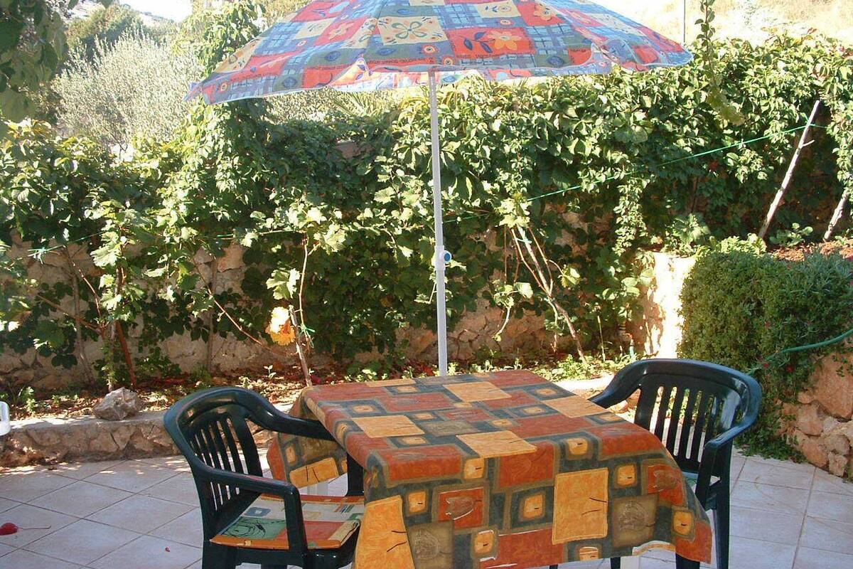 Ein Tisch mit farbenfroher Quilttischdecke, zwei Stühle und ein Sonnenschirm in einem Garten.