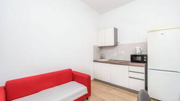 Apartment (A3) | Eigene Küche | Kühlschrank, Mikrowelle, Herdplatte, Kochgeschirr/Geschirr/Besteck