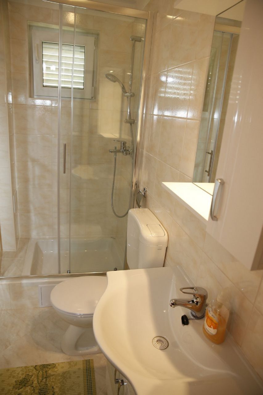 A bathroom with a glass-enclosed shower, a toilet, and a sink with a mirror above it.