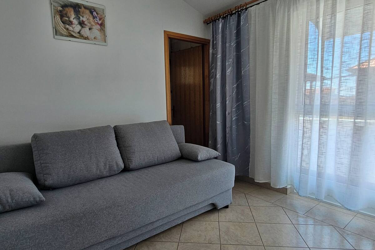 A grey sofa, a door, and a window with curtains.