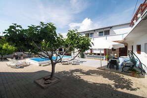 Ein Innenhof mit Schwimmbecken, Liegestühlen und einem Essbereich mit Gartenmöbeln.