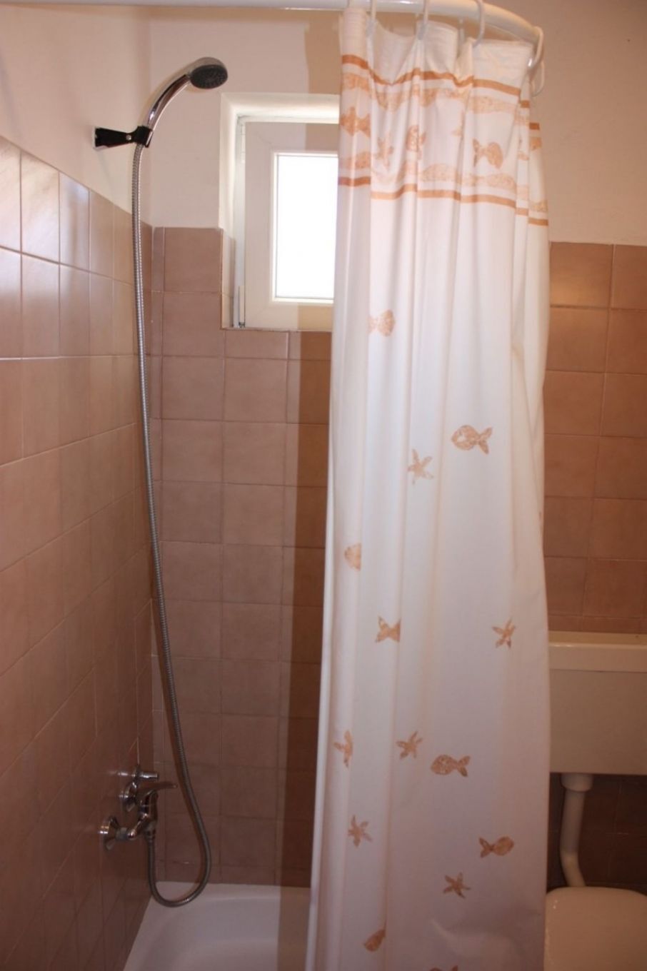 A shower with a handheld showerhead, a curtain with a fish pattern, and a window above the shower.