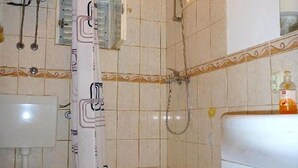 Une salle de bain avec douche, toilettes et lavabo.