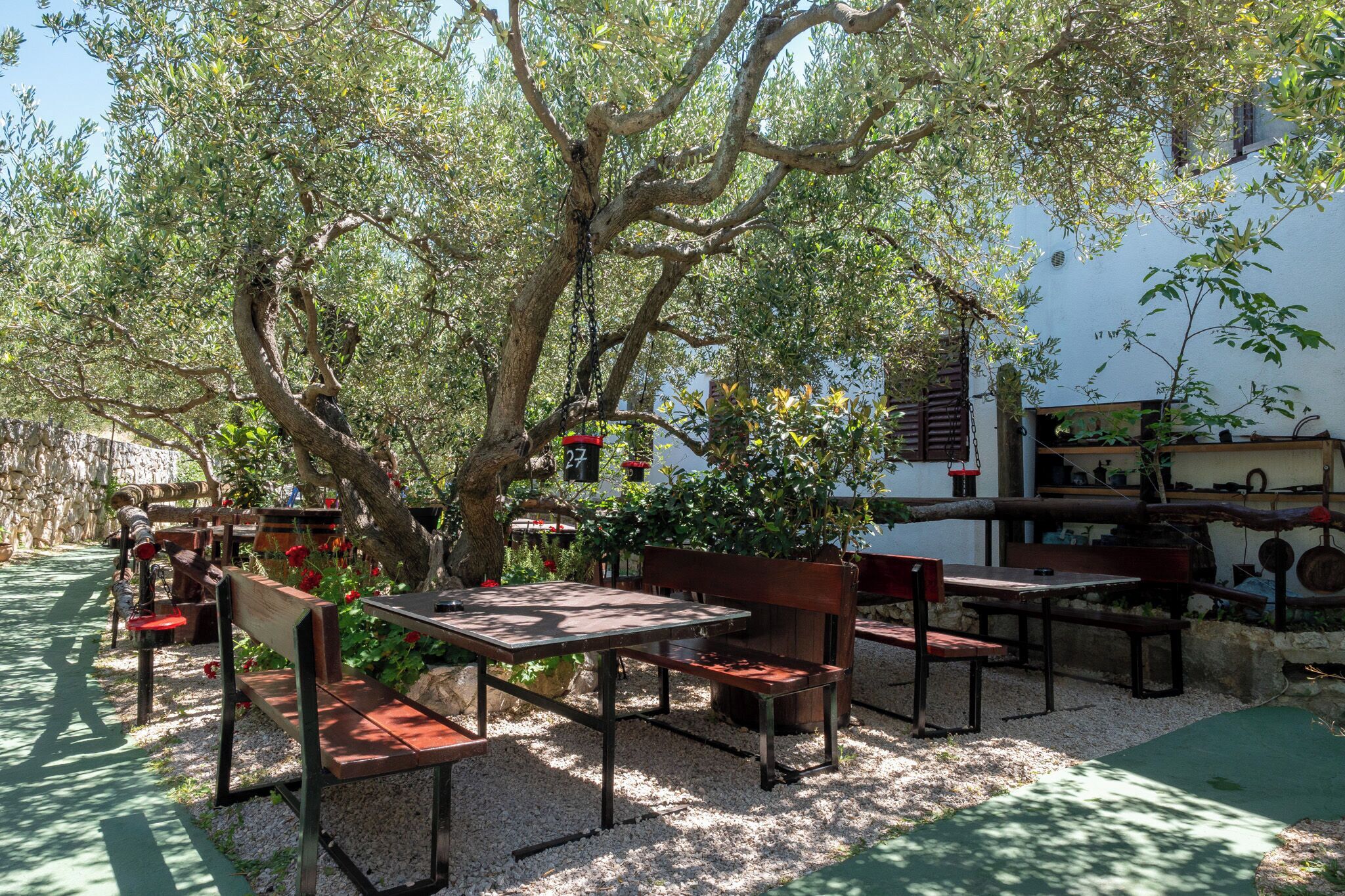 An outdoor seating area with tables and benches under a large tree, surrounded by greenery and a white building with a rustic appearance.
