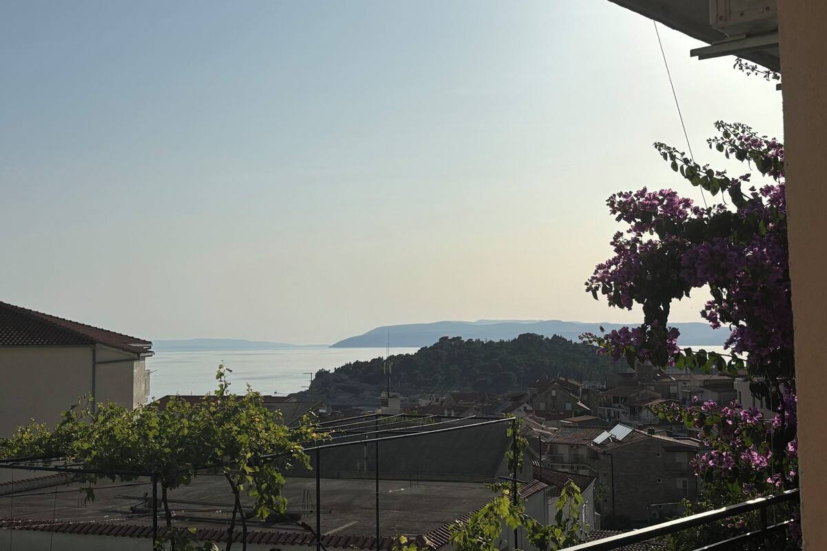 A residential area with a view of the sea and distant hills.
