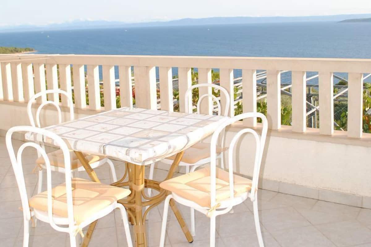 A round table with white chairs on a balcony with a view of the sea.