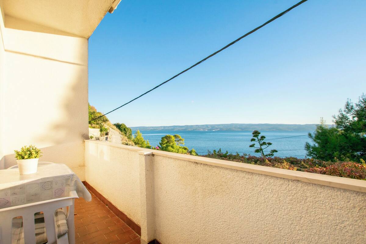 Un balcon avec vue sur la mer, une plante en pot et une table avec une chaise.