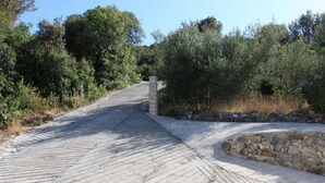 Un vialetto lastricato che si snoda attraverso una zona naturale con muri in pietra e fitta vegetazione.