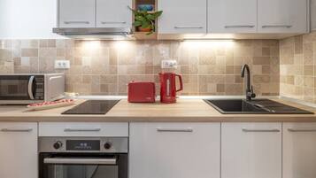 Apartment (A1) | Private kitchen | Fridge, microwave, oven, stovetop
