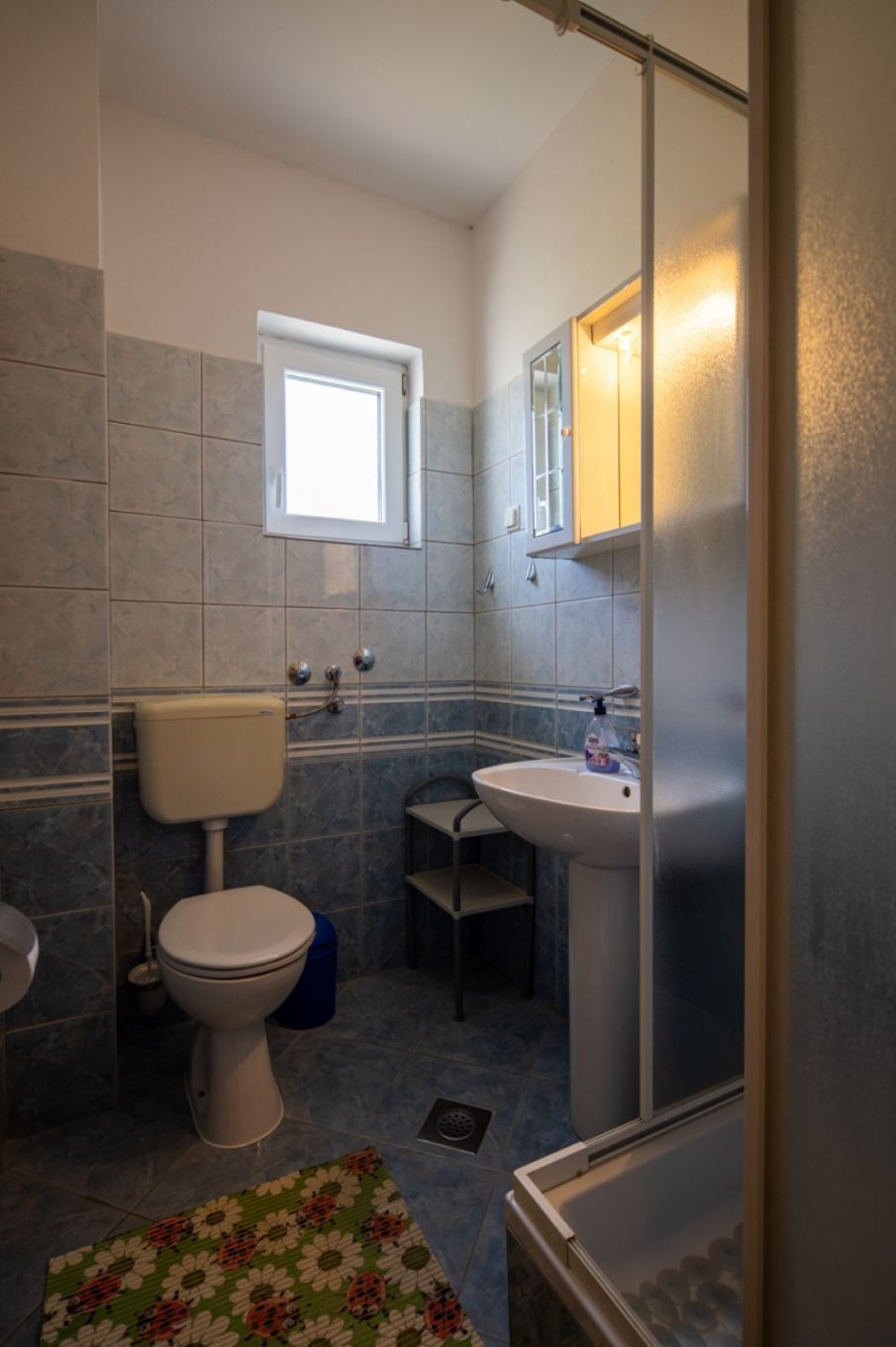 Une salle de bain avec des toilettes, un lavabo et une douche.