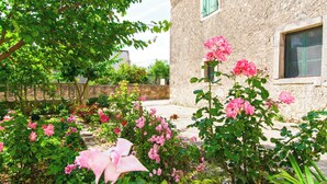 Ein Garten mit rosa Rosen und einer Steinmauer.