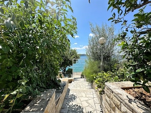 A stone pathway leading to a body of water, surrounded by lush greenery and a clear sky. - Apartments Mihaela (Trogir)