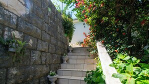 Una scala in pietra con vasi di piante e fiori che conduce a un muro bianco.