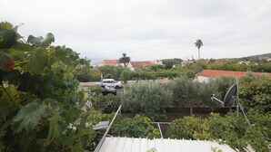 Un quartiere residenziale con case, un'auto e un'antenna parabolica.