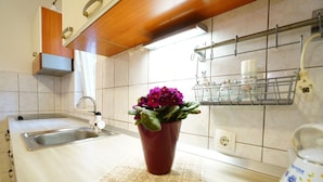 Een keuken met een spoelbak, een potplant, een waterkoker en een plank met keukengerei.