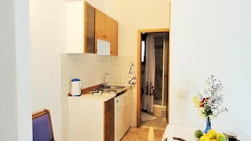 Apartment (A2) | Private kitchen | Fridge, stovetop, cookware/dishes/utensils
