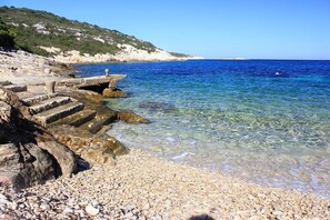 A rocky beach with clear blue water and a stone staircase leading into the sea. - Apartments Roki (Vis)