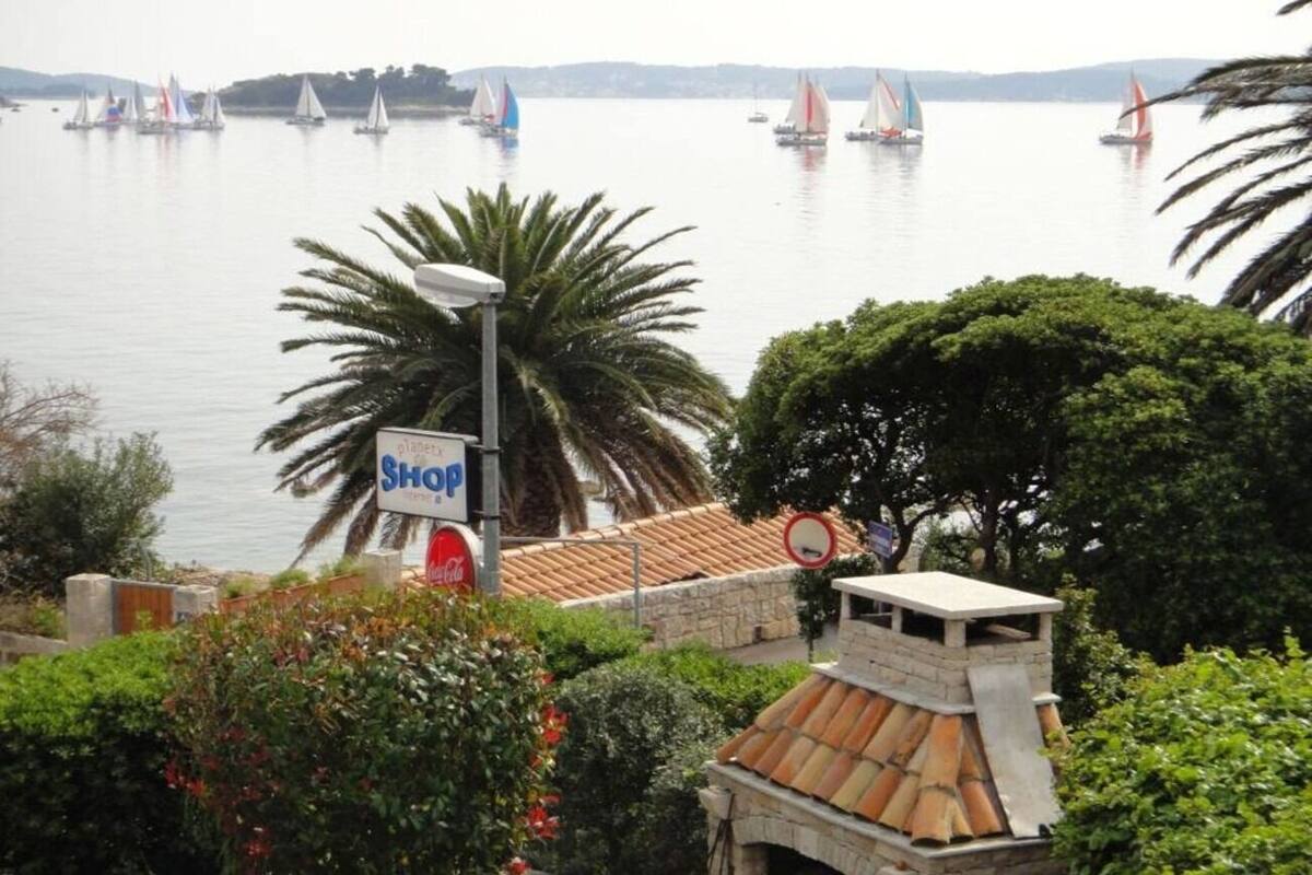 Une vue sur la côte, avec des voiliers, un palmier et une enseigne indiquant un magasin.