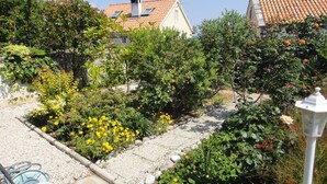 Un jardín con un camino de grava, diversas plantas y un farol blanco.