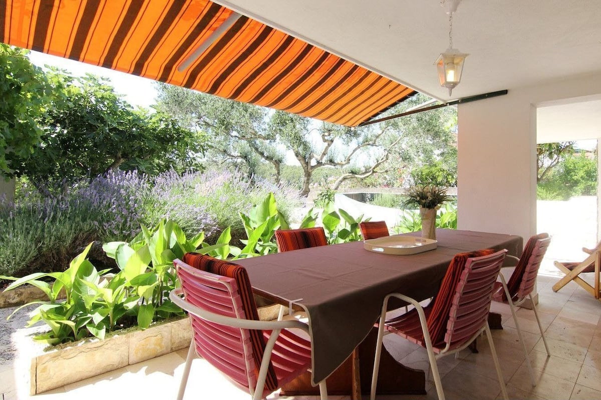 An outdoor dining area with a table and chairs, surrounded by plants and a view of trees.