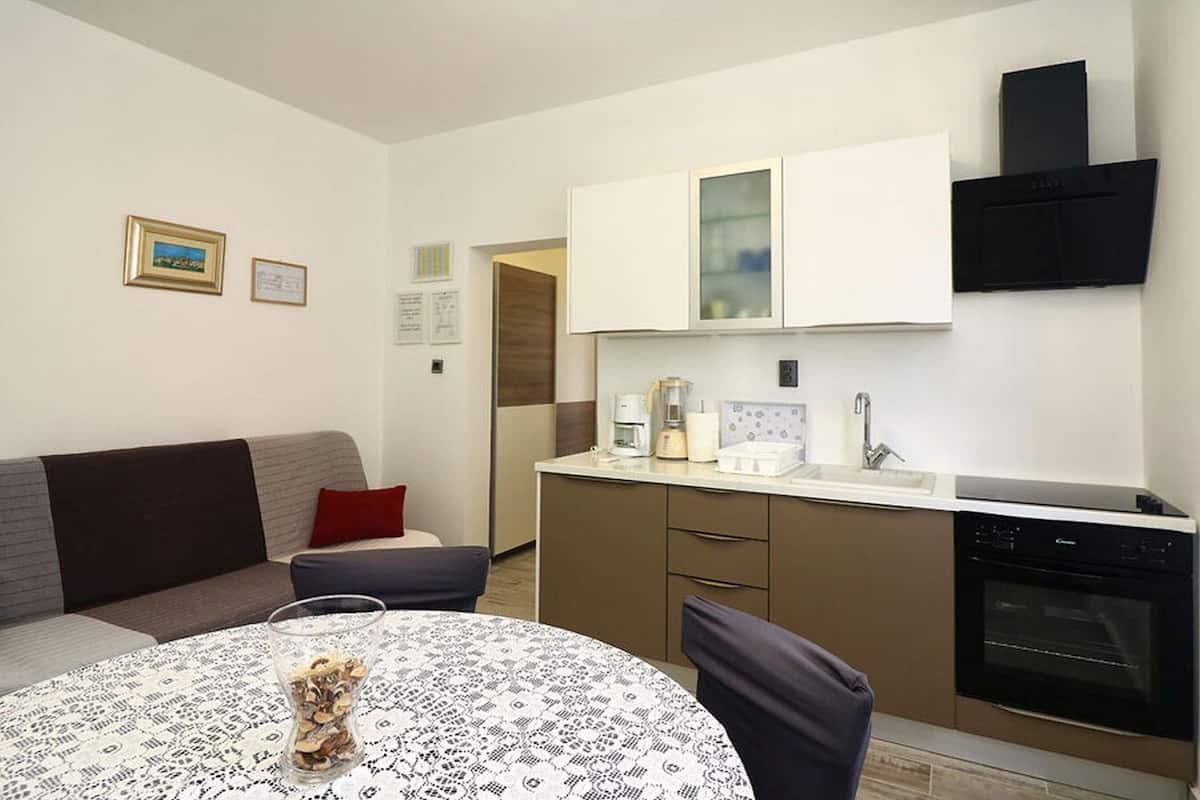 Apartment (A2) | Private kitchen | Fridge, microwave, oven, stovetop