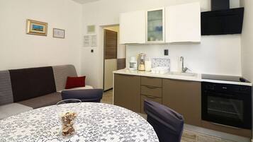 Apartment (A2) | Private kitchen | Fridge, microwave, oven, stovetop