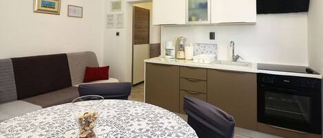 Apartment (A2) | Private kitchen | Fridge, microwave, oven, stovetop