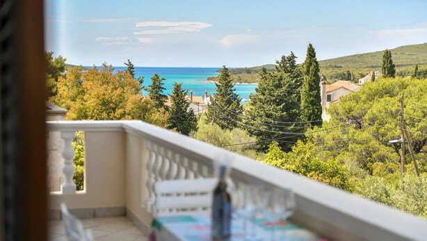 Un balcon avec vue sur la mer et la végétation environnante.