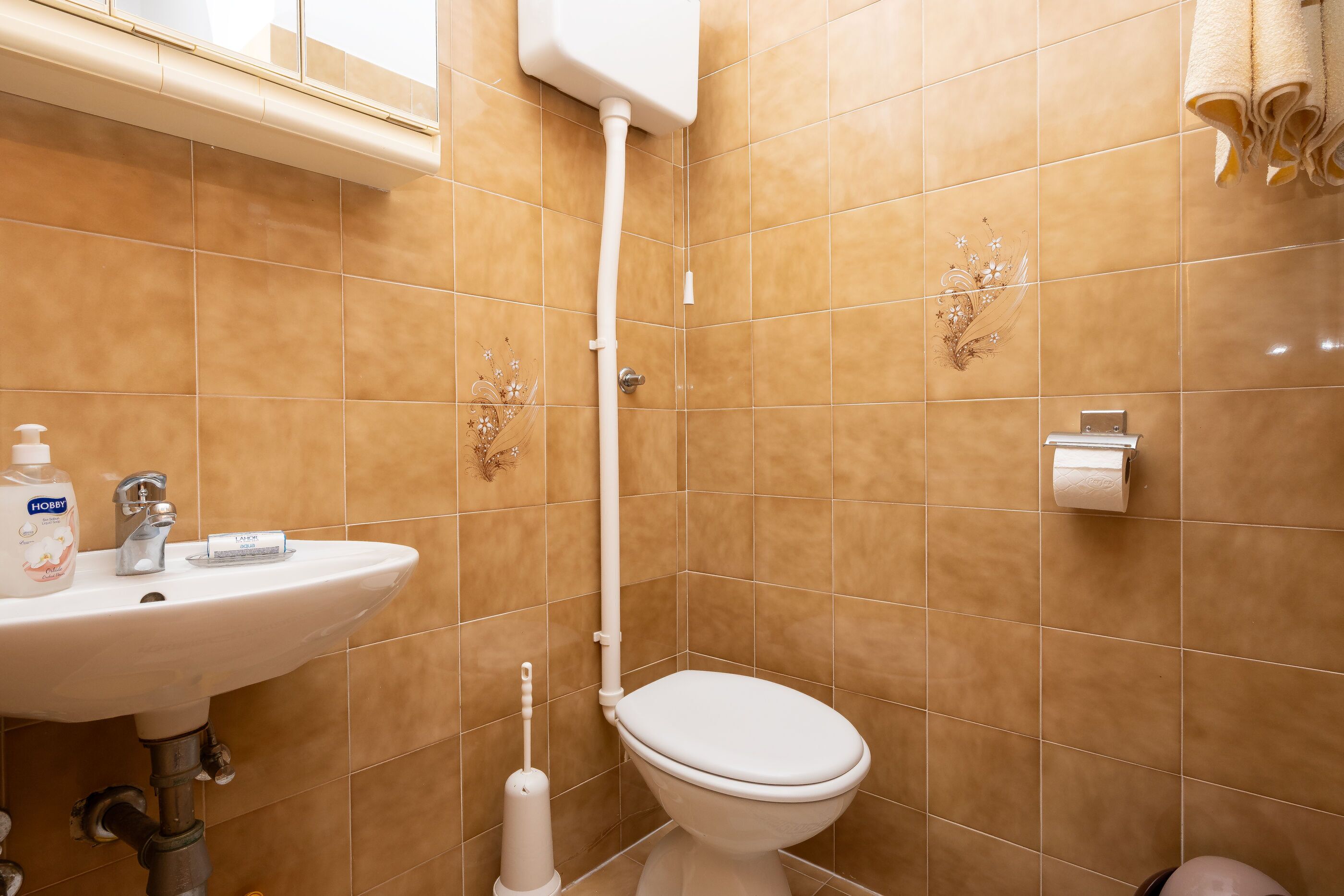 Un baño con lavamanos, inodoro y soporte para papel higiénico en la pared.