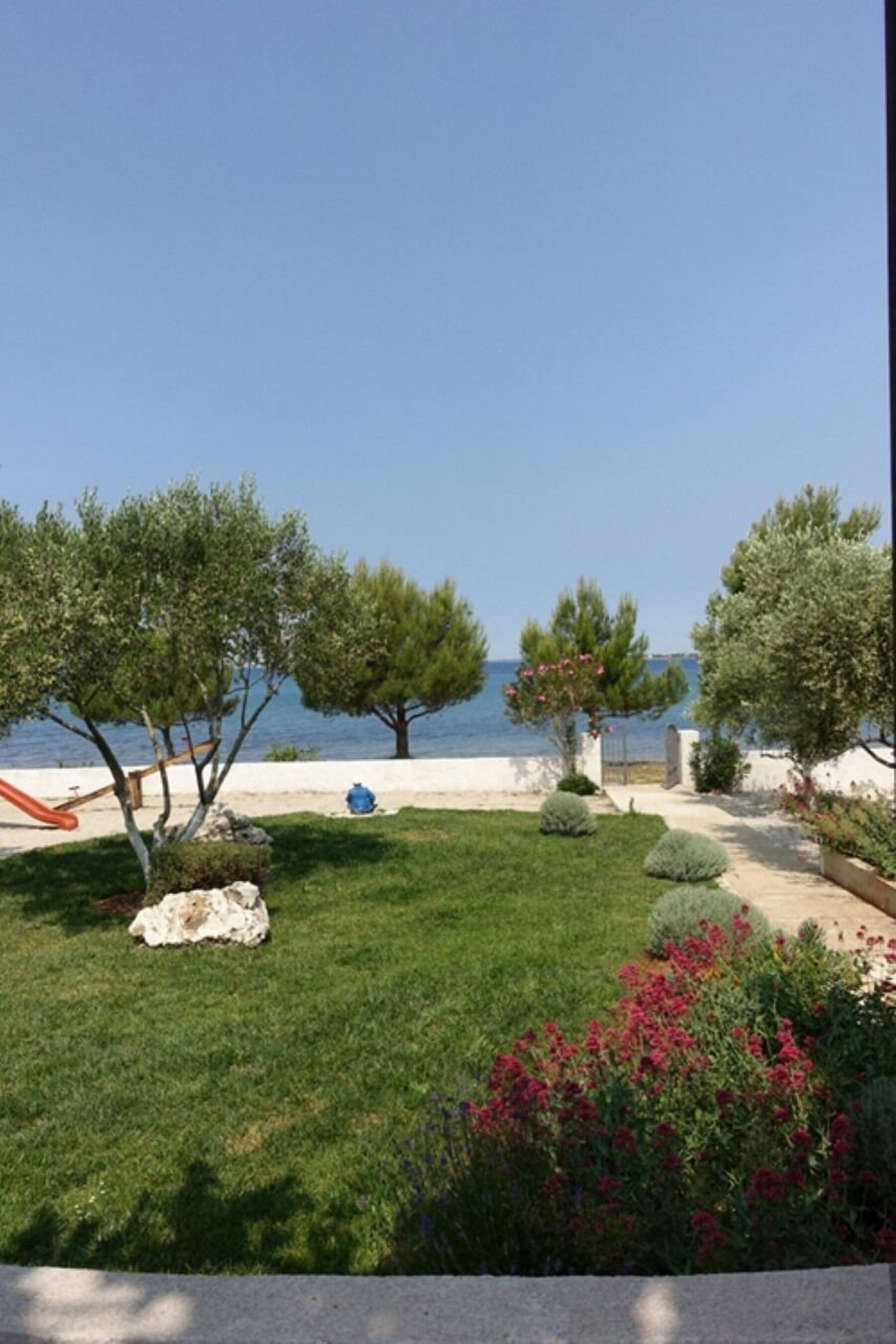 A garden with a grassy area, trees, and a view of the sea.
