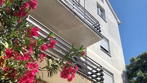 A two-story building with a balcony, a window, and a door. - Apartments Kate (Nin)