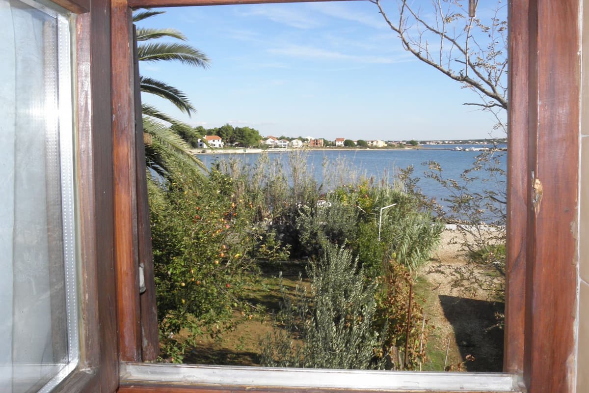 Vista attraverso una finestra su una zona costiera, con acqua, vegetazione e edifici in lontananza.